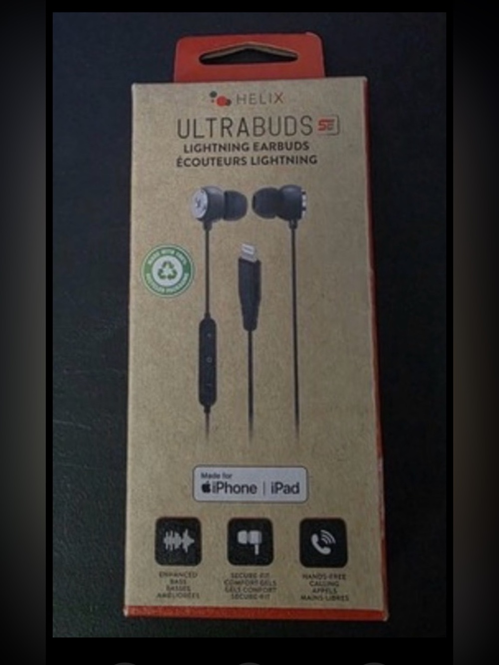 Helix Ultrabuds Lightning Earbuds Black New iPhone iPad Enhanced Bass SecureFit